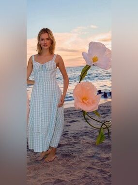 242. Gingham Maxi Sundress with Button Front - Light Blue
